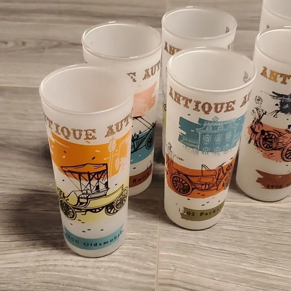 EUC MCM Anchor Vintage Set of 8 Antique Autos Frosted Glasses
